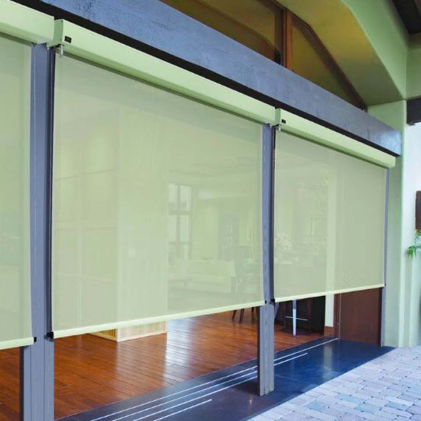 A sliding glass door with outdoor blinds.