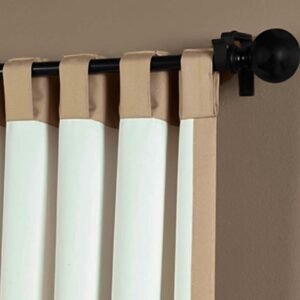 White and tan striped curtain on curtain rod, Back Tab Curtains / Hidden Tab Curtains.