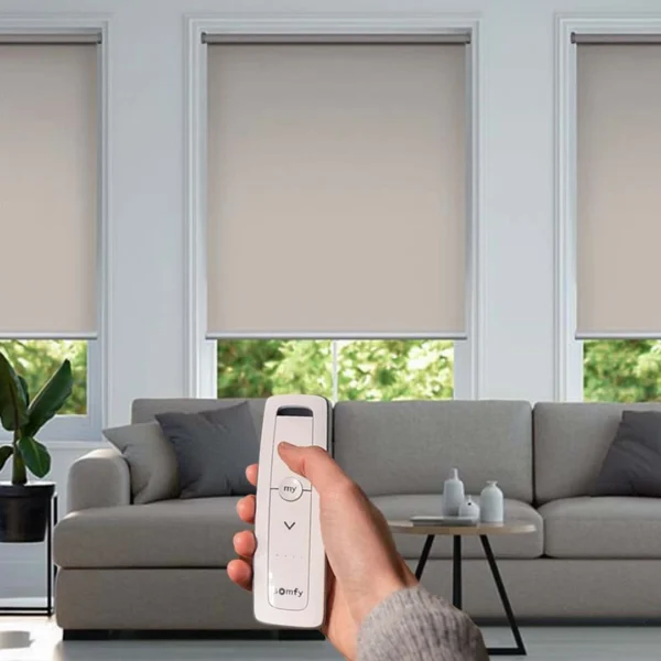 Individual using remote control in living room featuring Smart Motorized Blackout Roller Blind.