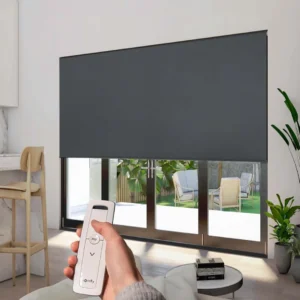 Individual using remote control in living room featuring Smart Motorized Blackout Roller Blind of oasisin curtain
