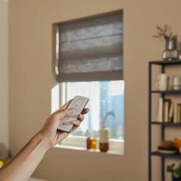 Individual using remote control in living room featuring Smart Motorized Roman Blinds.