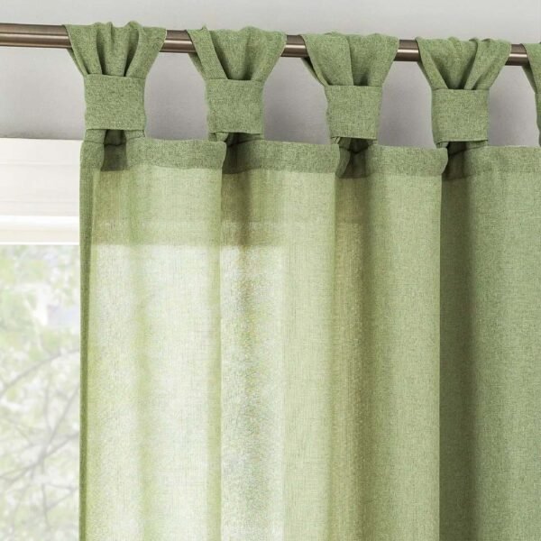 Green fabric curtain with curtain rod, Twist Tab Top Curtains.