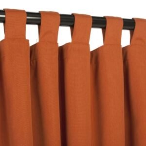 Orange tab top curtain with black rod.