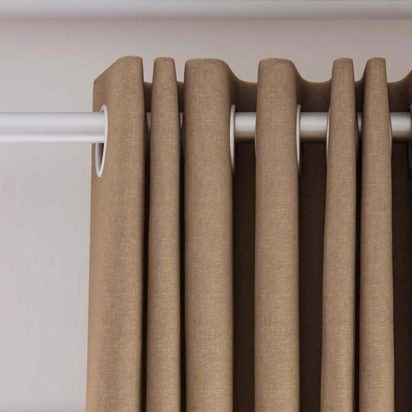 Close-up of white rod with grommet curtains.