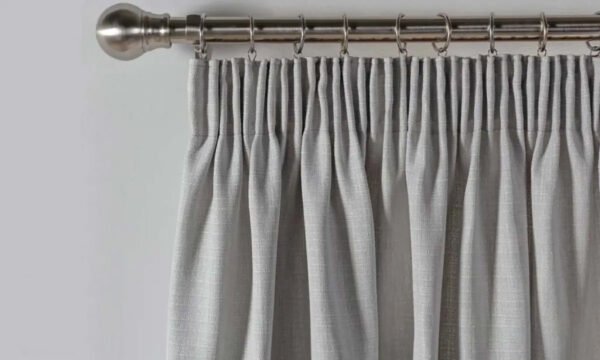 Pencil Pleat Curtains with grey stripe on metal rod